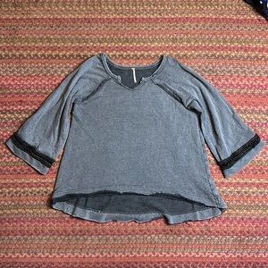 FREE PEOPLE GREY TERRY CLOTH TOP LACE DETAIL 3/4 Sleeve